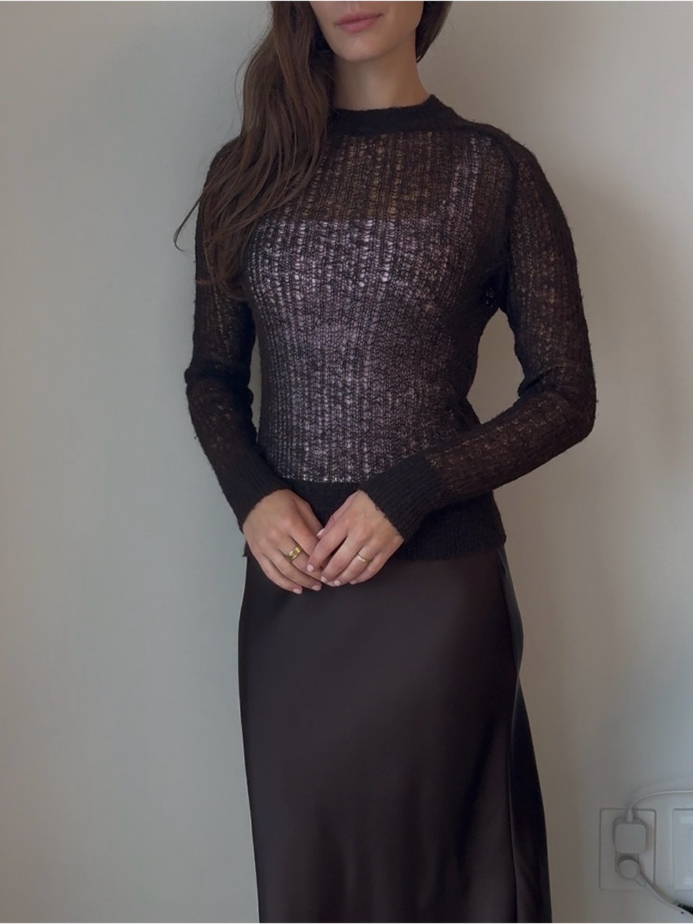 Zara Dark Brown Sheer Knit Long Sleeve Top